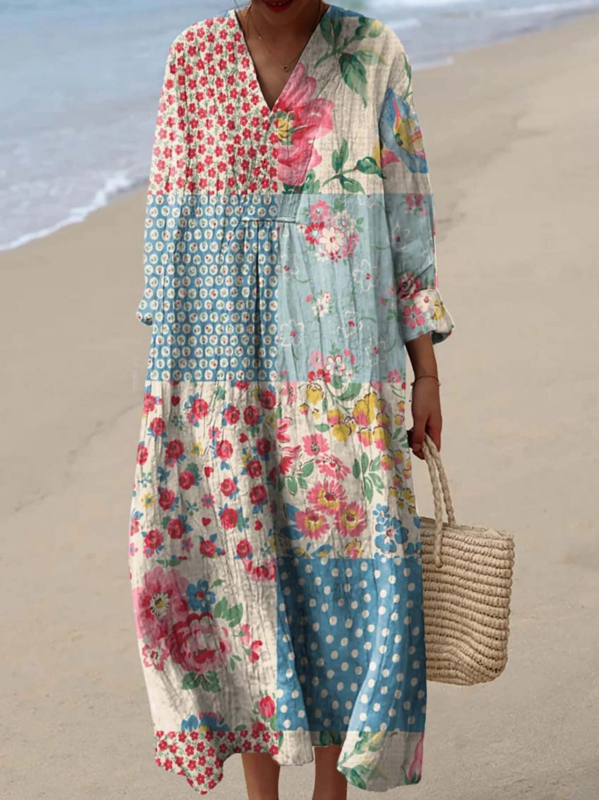 Women's Vintage Floral Patchwork Pattern Art Print Dress