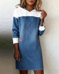 Denim Patchwork Hooded Dress with Dropped Shoulders