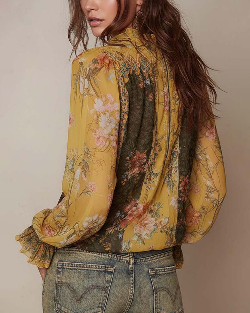 Half-Zip Floral Print Blouse