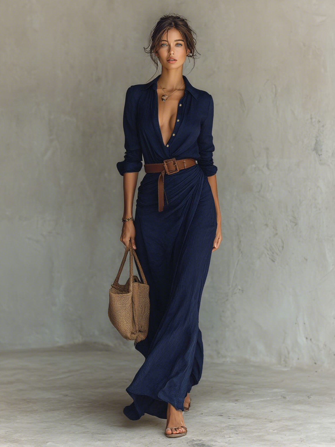 Lapel Single Breasted Long Sleeve Belted Maxi Dress