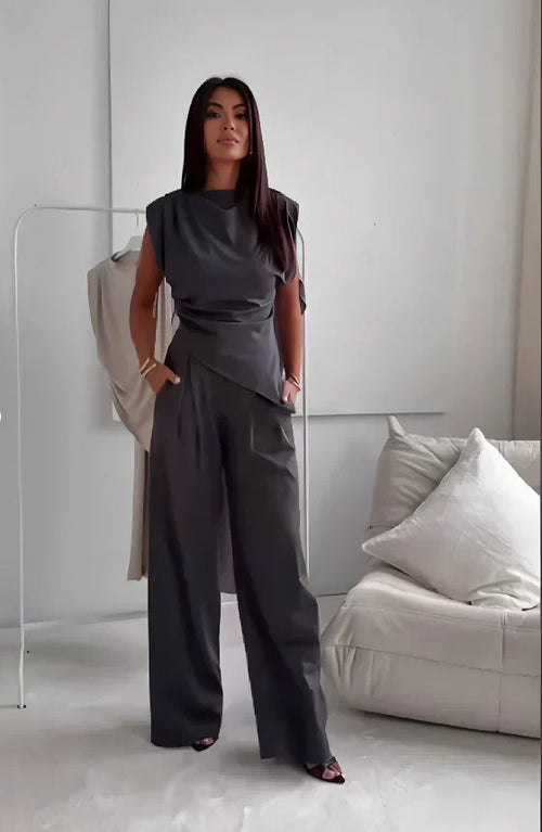 Diann™ Elegant Two-Piece Set | Draped Top and Wide-Leg Trousers