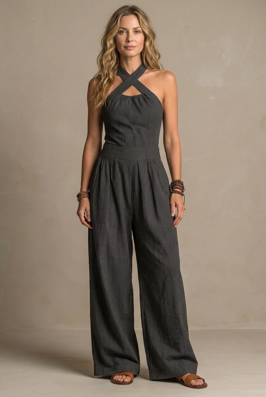 Ariana Women's Jumpsuit | Elegant Cross Neck, Wide Leg Design 1