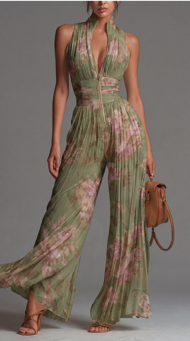 Ava Women's Jumpsuit | Elegant White Floral Chiffon, Sleeveless 0