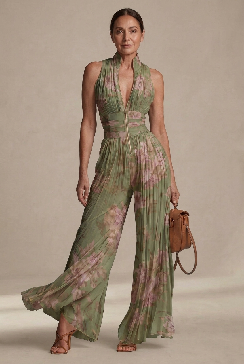 Ava Women's Jumpsuit | Elegant White Floral Chiffon, Sleeveless 1