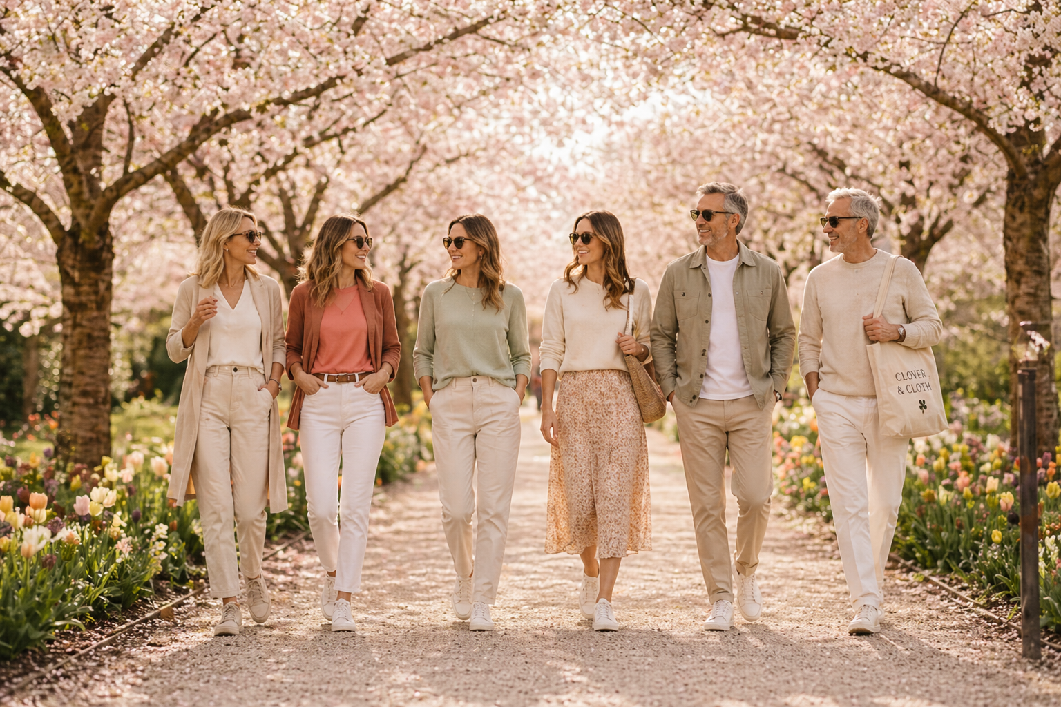 Group of people walking through a cherry blossom garden