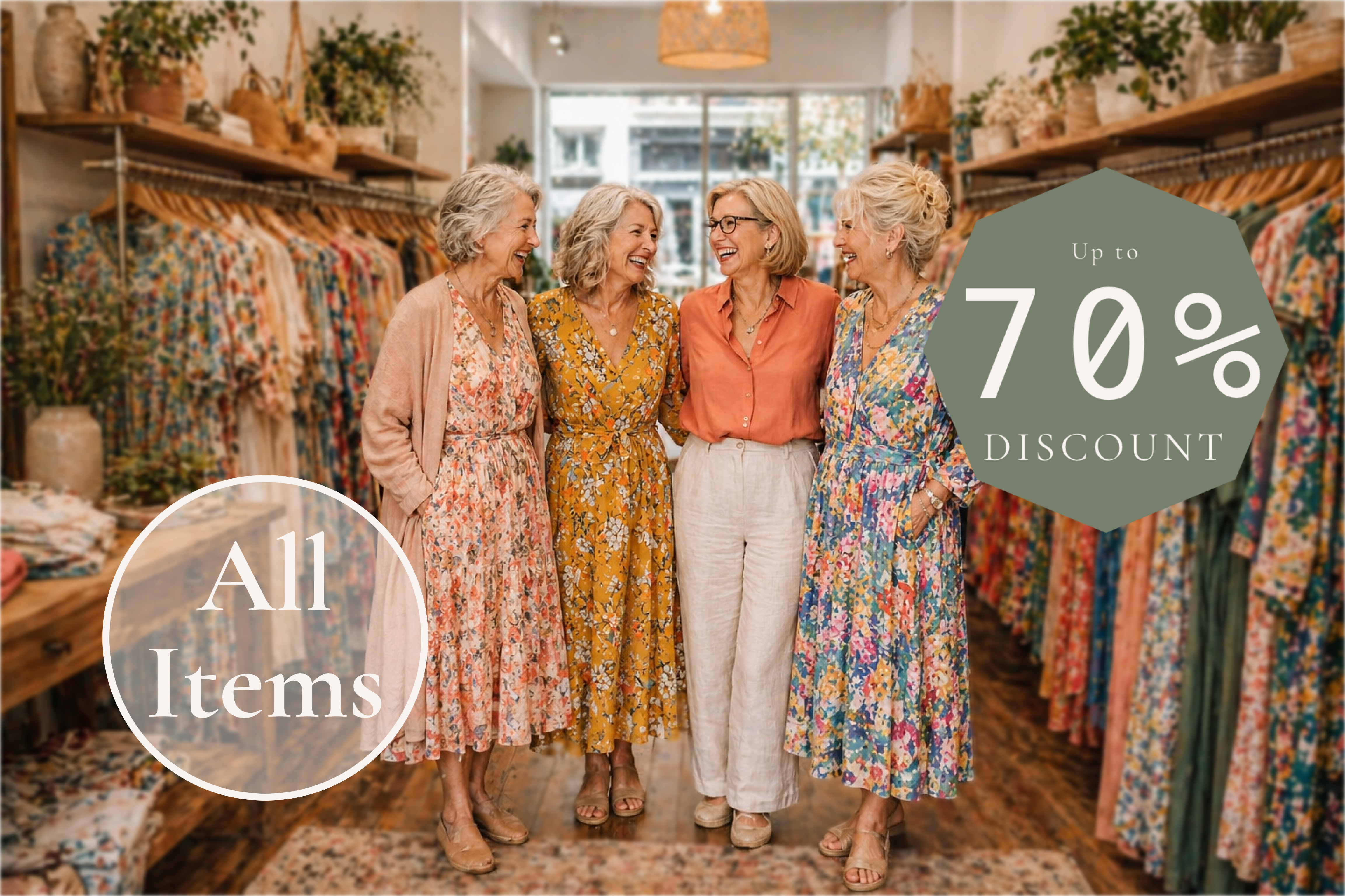 Four women in a clothing store with a discount promotion overlay.