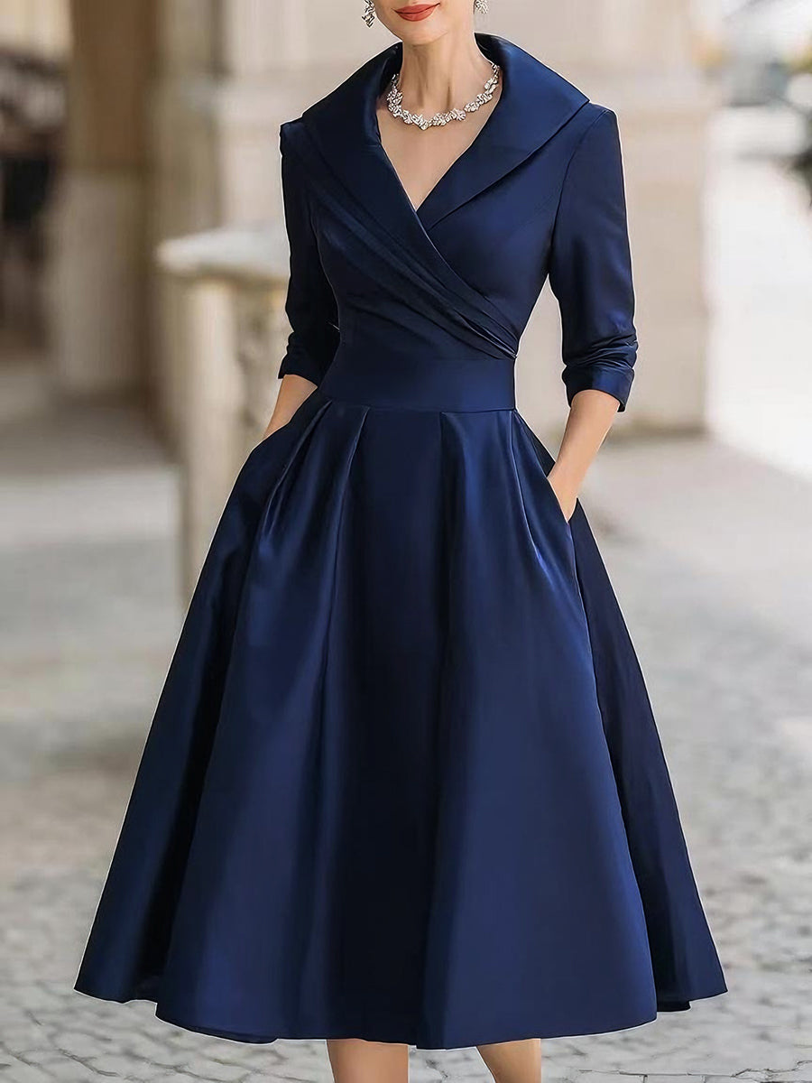 Liora Women's Midi Dress | Satin A-Line with Draped Neckline 4