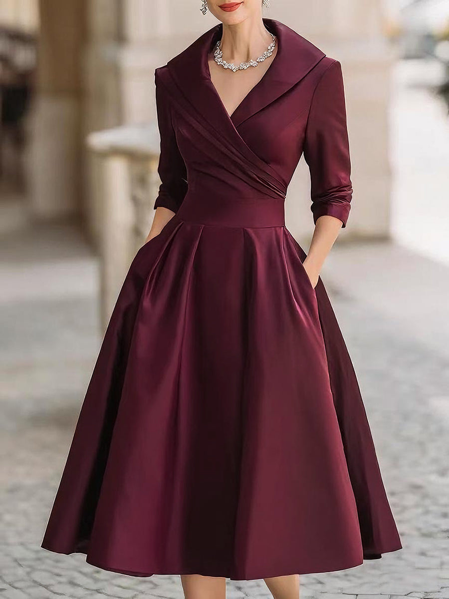 Liora Women's Midi Dress | Satin A-Line with Draped Neckline 5