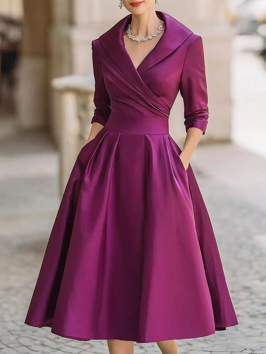 Liora Women's Midi Dress | Satin A-Line with Draped Neckline 7