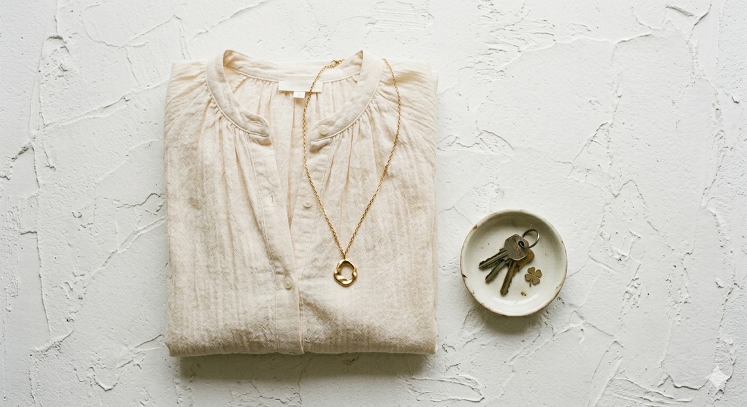 Folded beige garment with gold necklace and keys on a textured white surface