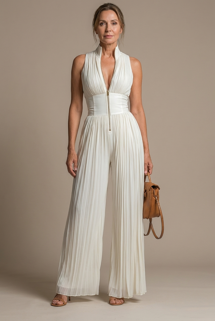 Luna Women's Jumpsuit | Pleated Chiffon, Elegant White or Black 1