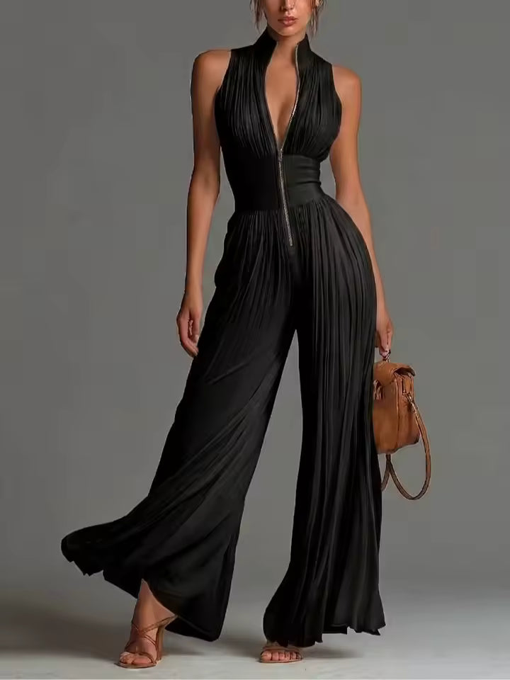 Luna Women's Jumpsuit | Pleated Chiffon, Elegant White or Black 2