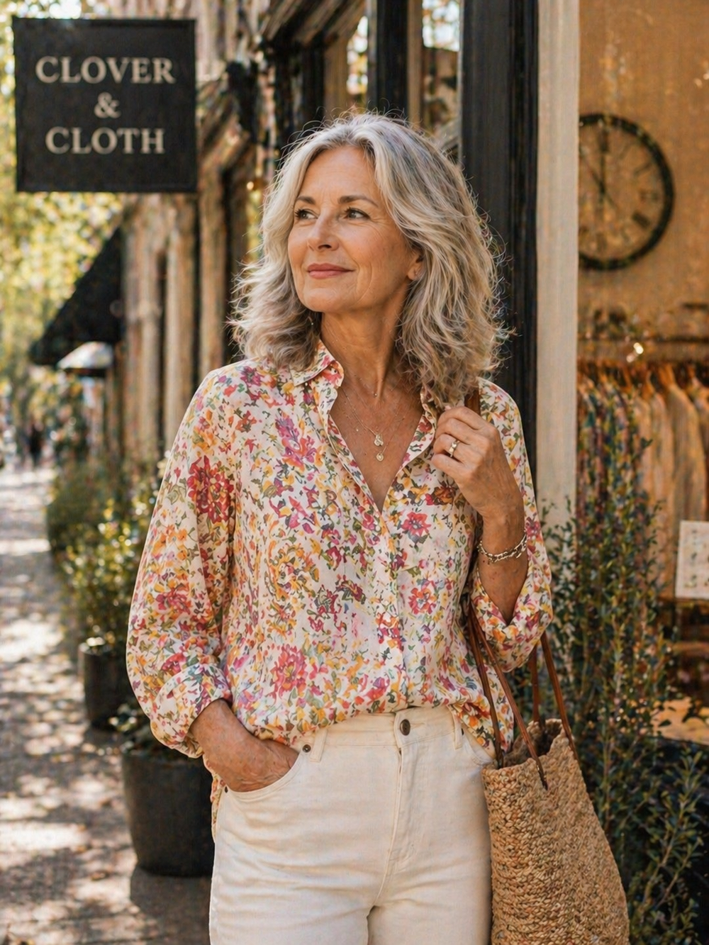 Woman in a floral shirt standing outside a store named 'Clover & Cloth'.