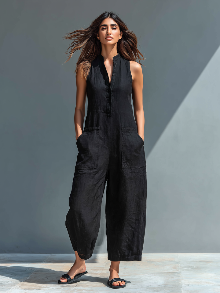 Sleek Women's Dungarees | Breathable Blended Linen, High Collar 4