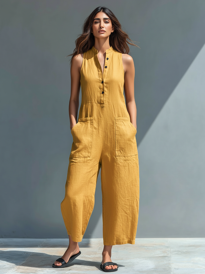 Sleek Women's Dungarees | Breathable Blended Linen, High Collar 5