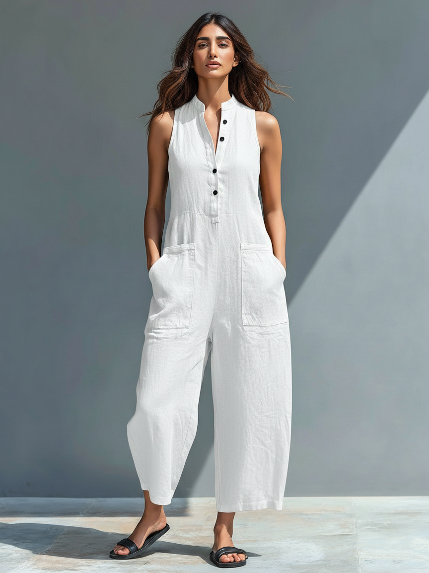 Sleek Women's Dungarees | Breathable Blended Linen, High Collar 6