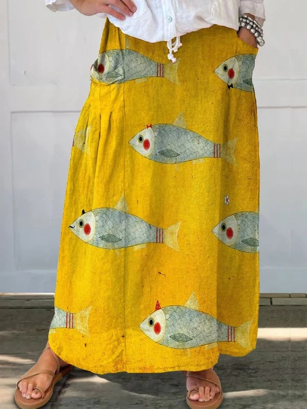 Elli™ | Vintage Fish Art Print Pocket Skirt