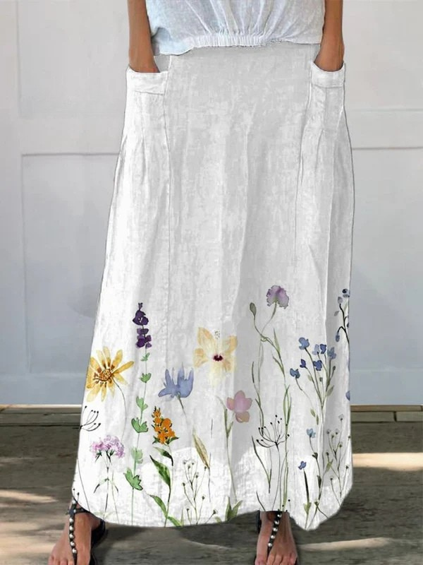 Kisha™ | Watercolor Spring Meadows Art Printed Elastic waistband Pocket Skirt