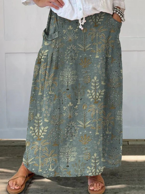 Carly™ | Woodland Vegetation Pattern Printed Elastic waistband Pocket Skirt