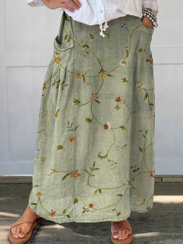 Jaizy™ | Retro Floral Art Elastic waistband Pocket Skirt