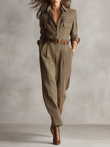 Rowena™ Brown Tweed Plaid Utility Jumpsuit | Timeless Brown Tweed Plaid Utility Jumpsuit