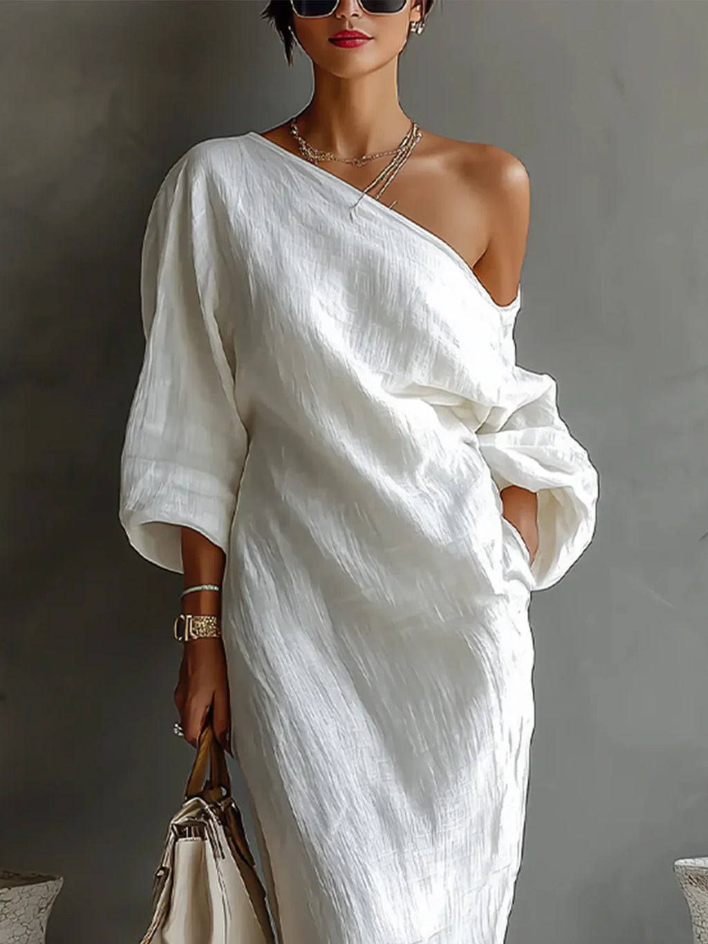 LINEN BALLOON SLEEVE MAXI DRESS