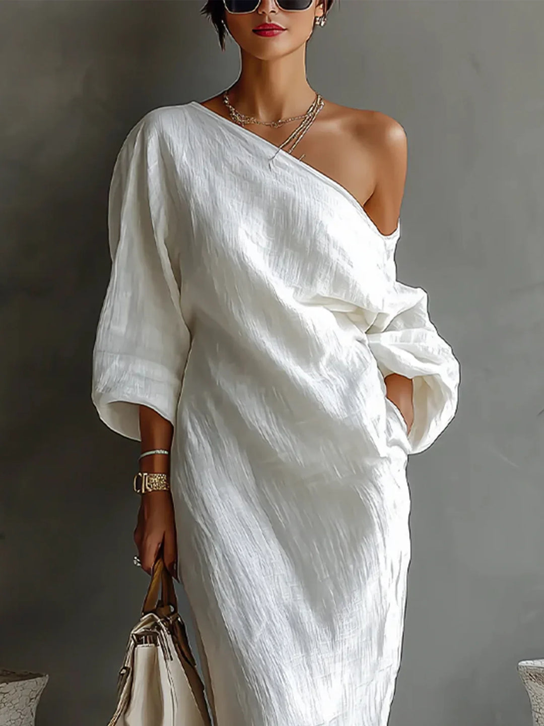 LINEN BALLOON SLEEVE MAXI DRESS