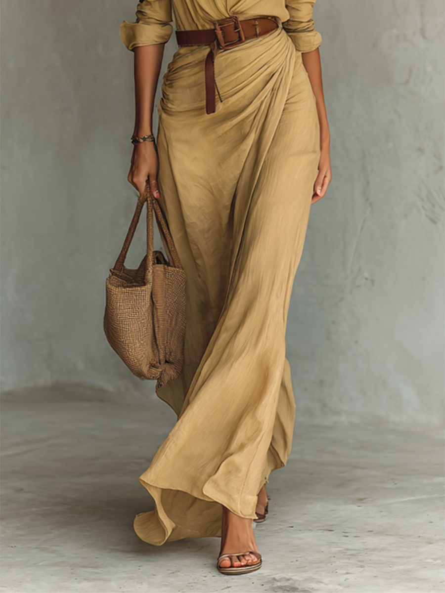 Lapel Single Breasted Long Sleeve Belted Maxi Dress