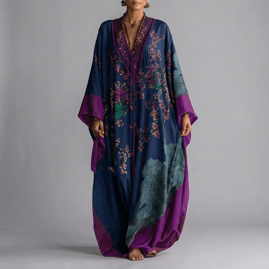 Japanese Plum Blossom Print Batwing Sleeve Maxi Dress