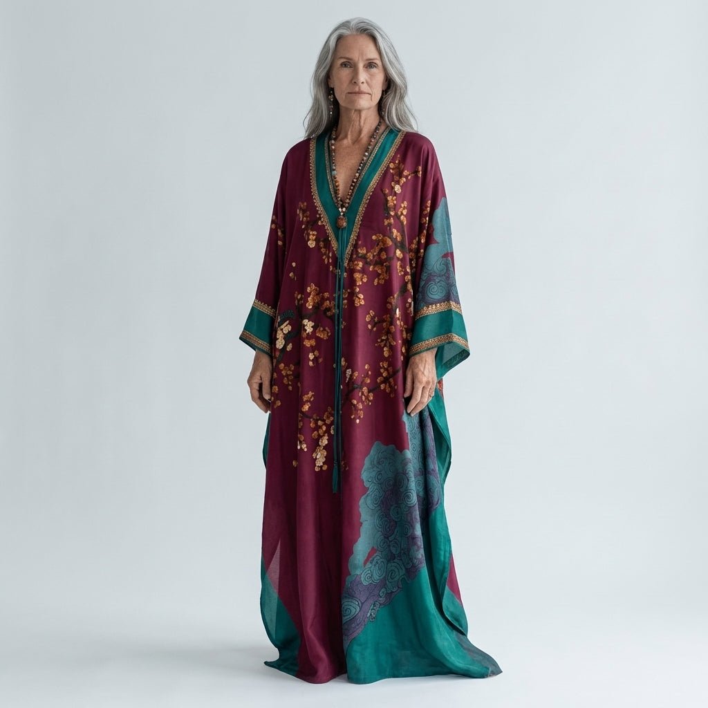 Japanese Plum Blossom Print Batwing Sleeve Maxi Dress